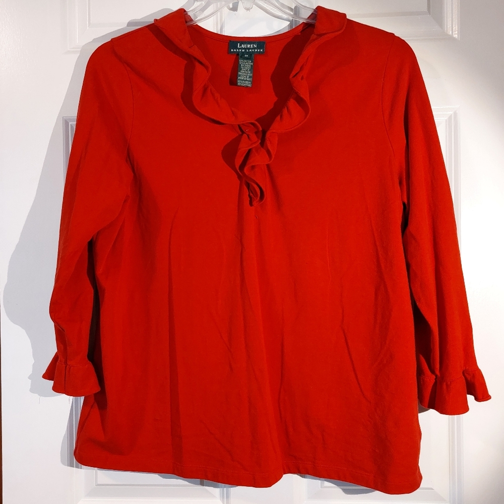 Lauren Ralph Lauren Red Ruffled V-neck Top 1X EUC - Picture 10 of 10